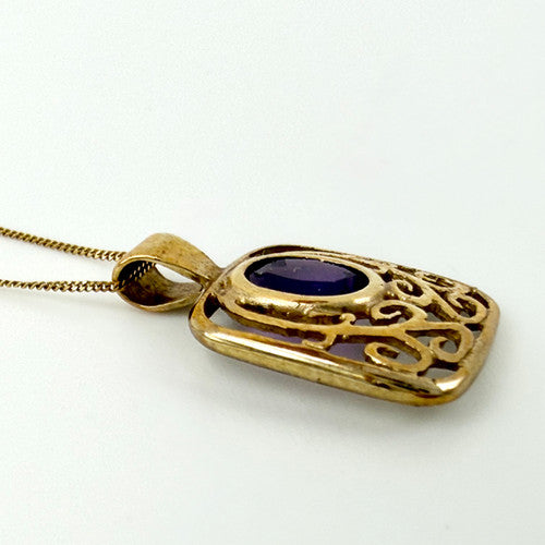 Vintage 9ct Yellow Gold Amethyst Filigree Necklace PG64