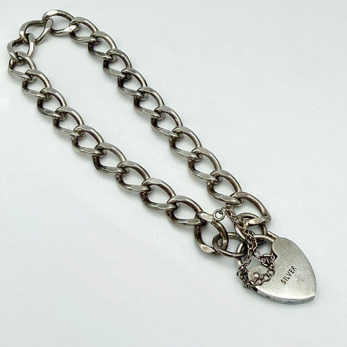 Vintage 925 Sterling Silver Heart Padlock Curb Bracelet Bracelets-63