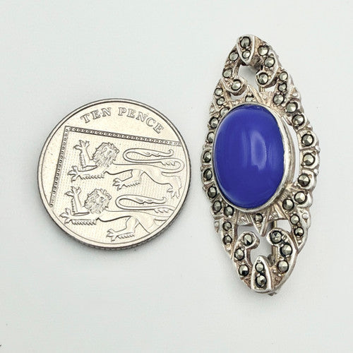 Vintage 925 Sterling Silver Marcasite & Glass Brooch PAT109