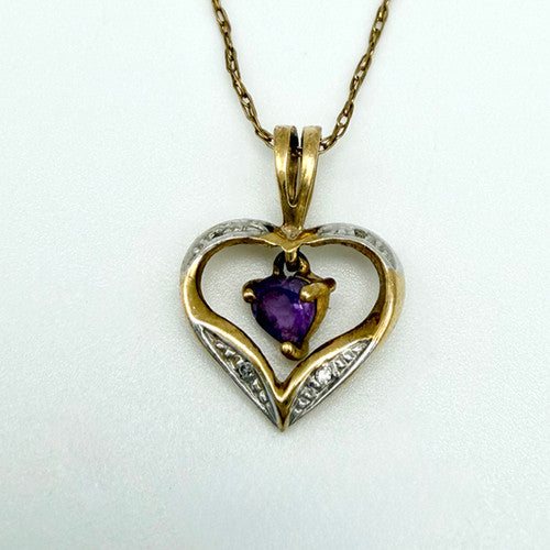 Vintage 9ct Yellow Gold Diamond & Amethyst Heart Necklace PG69