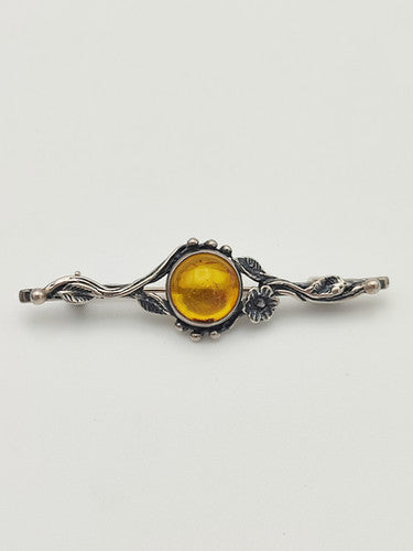 Vintage 925 Sterling Silver Floral Amber Brooch PAT51