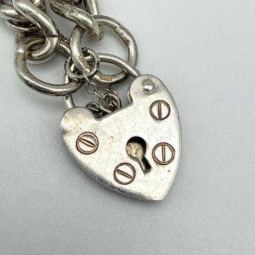 Vintage 925 Sterling Silver Heart Padlock Curb Bracelet Bracelets-65