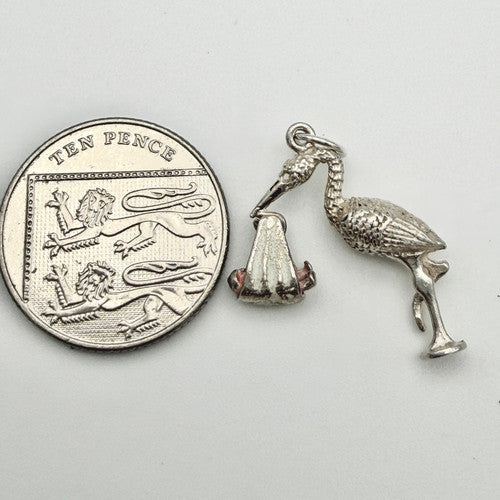 Vintage 925 Sterling Silver Stork & Baby Charm CA21-43
