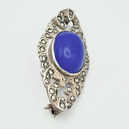 Vintage 925 Sterling Silver Marcasite & Glass Brooch PAT109