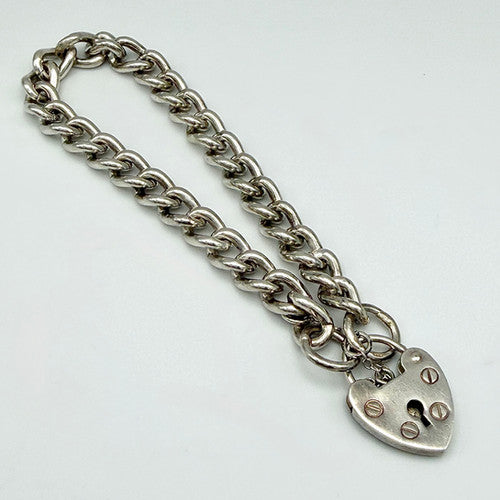 Vintage 925 Sterling Silver Heart Padlock Curb Bracelet Bracelets-65