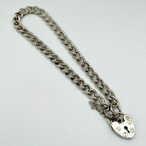 Vintage 925 Sterling Silver Heart Padlock Curb Bracelet Bracelets-64