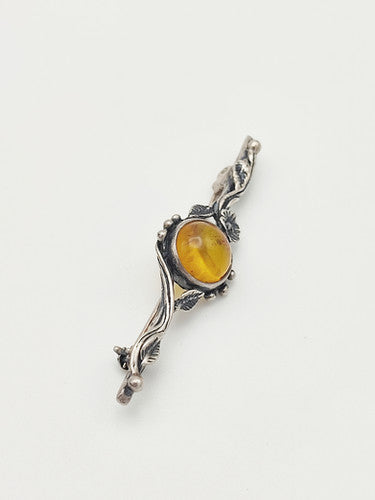 Vintage 925 Sterling Silver Floral Amber Brooch PAT51