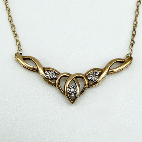 Vintage 9ct Yellow Gold Diamond Wishbone Necklace PG73