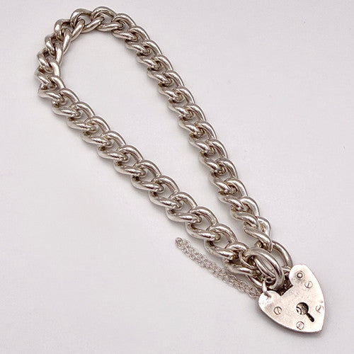 Vintage 925 Sterling Silver Heart Padlock Heavy Curb Bracelet Bracelets-62